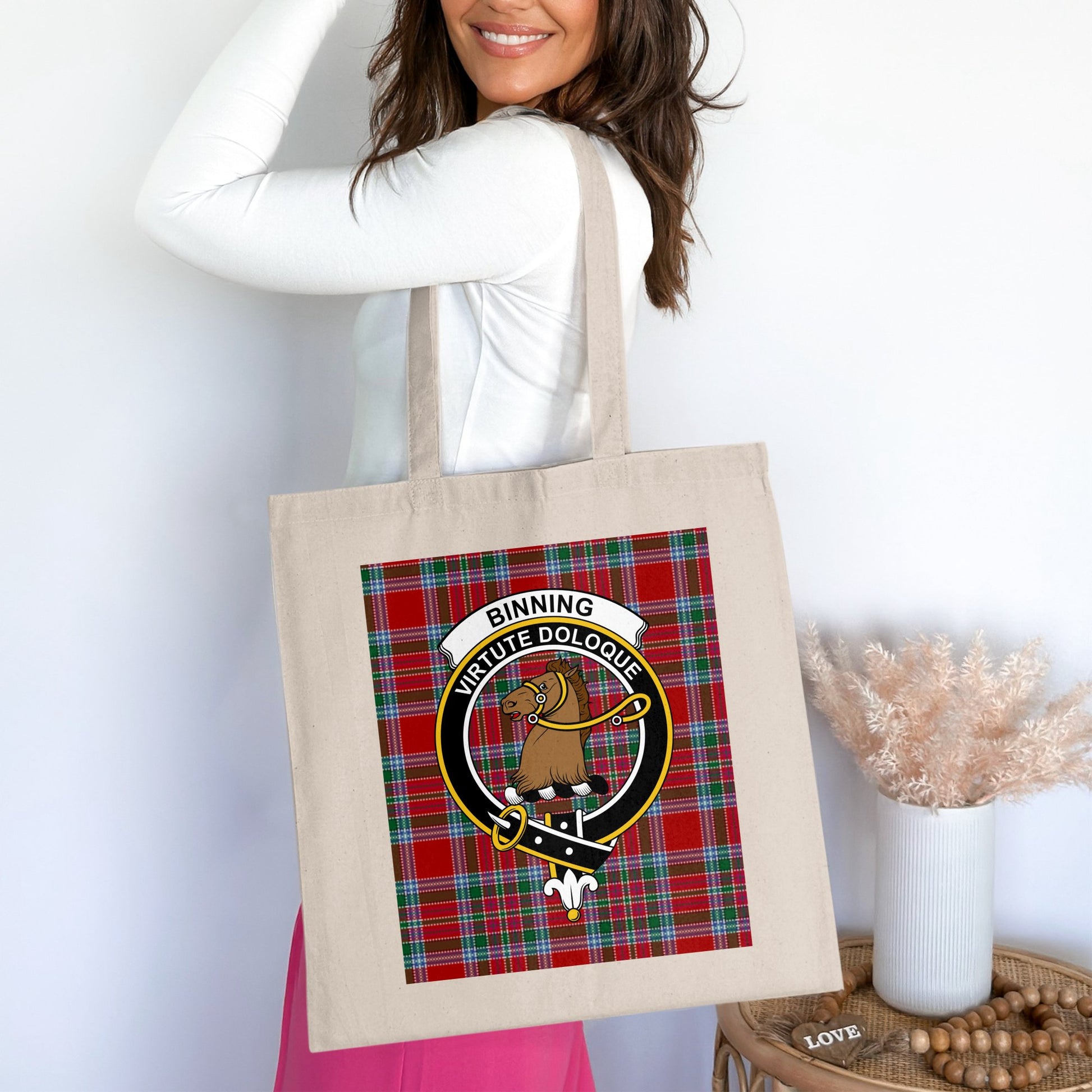 Binning Clan Crest with Scottish Tartan Background Tote Bag - Living Stone Gifts