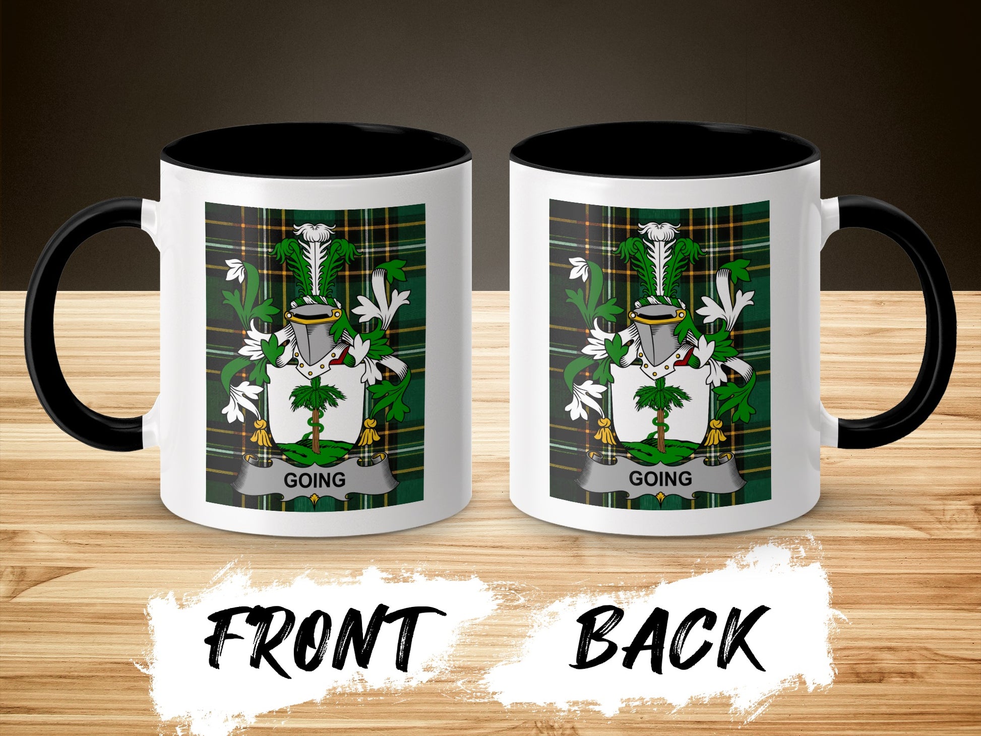 Mug with Going family crest on plaid background, front and back views.