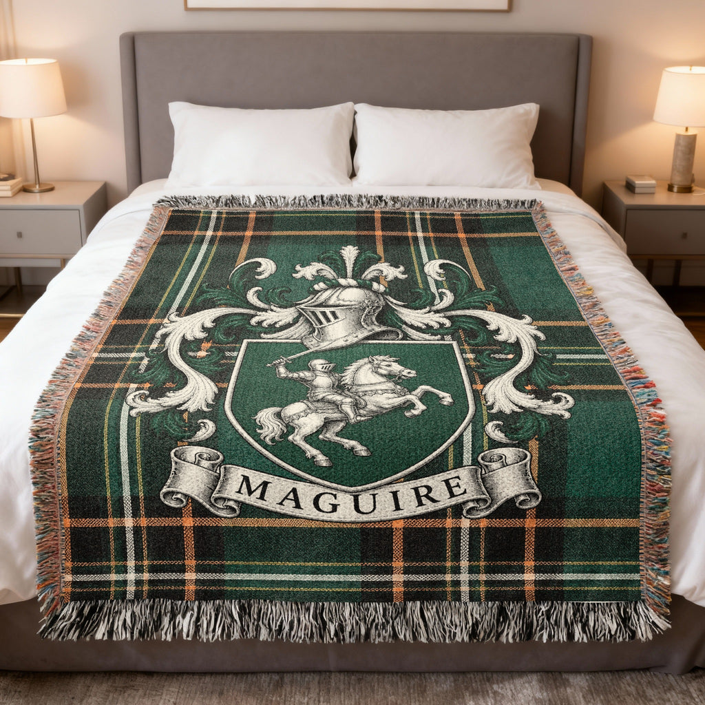 Maguire Irish National Tartan heirloom woven blanket with family crest, full product view