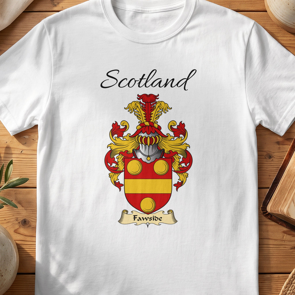 White Fawside Scottish family shield T-shirt featuring gold circles above a gold horizontal band