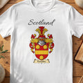 White Fawside Scottish family shield T-shirt featuring gold circles above a gold horizontal band