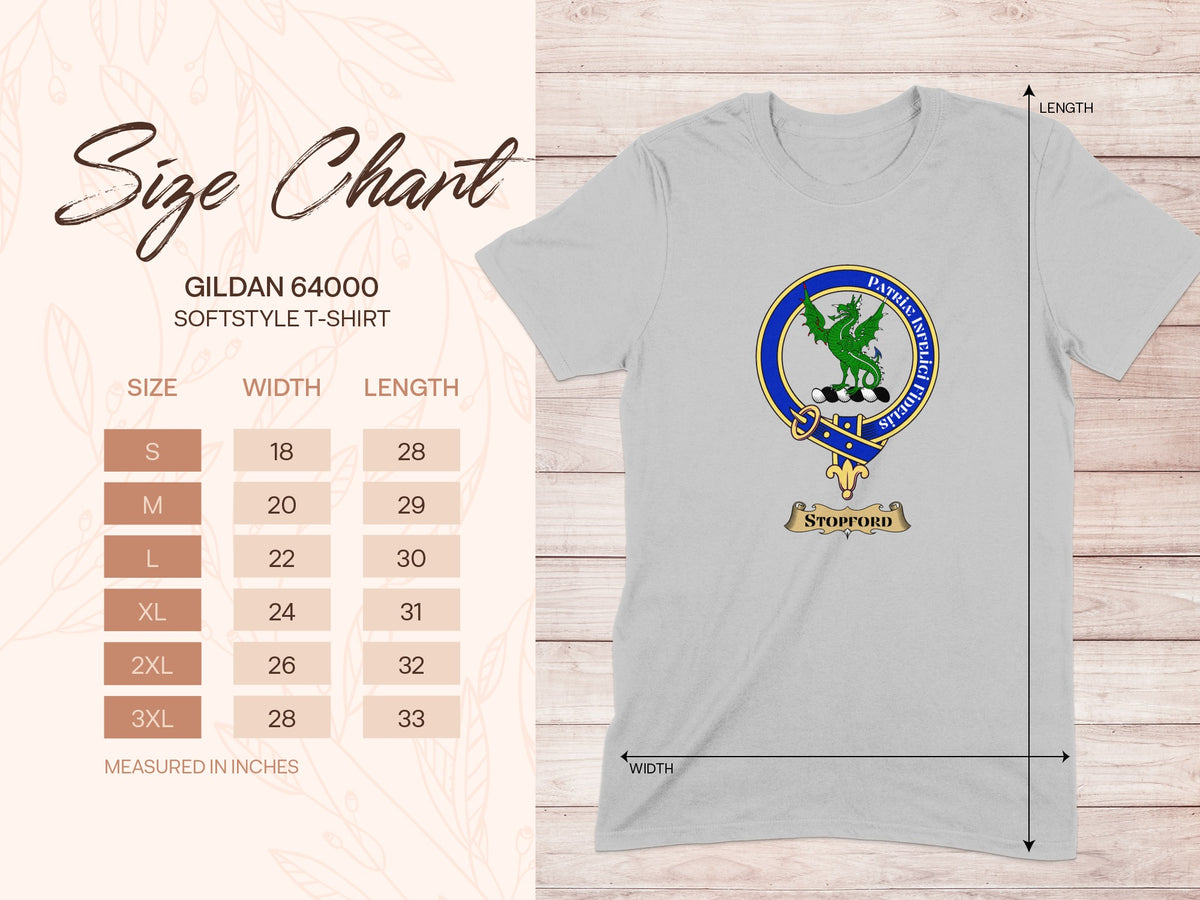 Gildan 64000 size chart for Stopford Scottish clan crest T-shirt