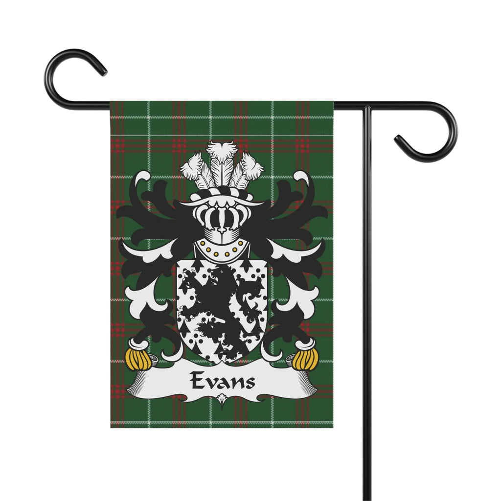 Garden flag displaying the Evans family crest on a green plaid background.