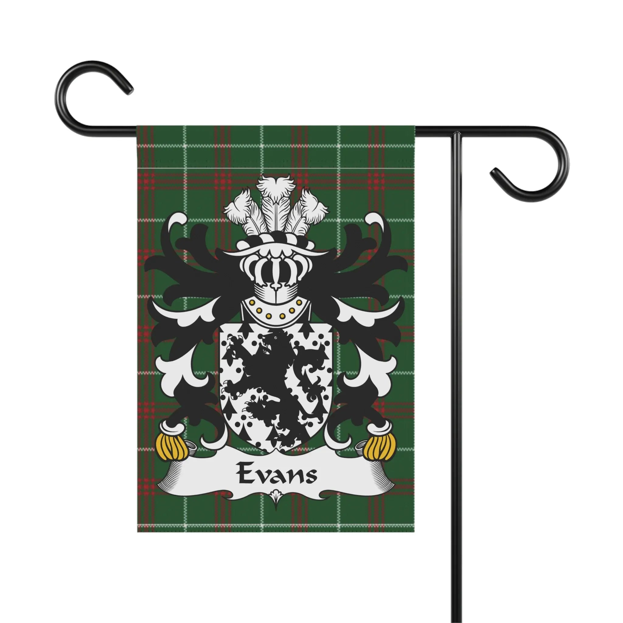 Garden flag displaying the Evans family crest on a green plaid background.