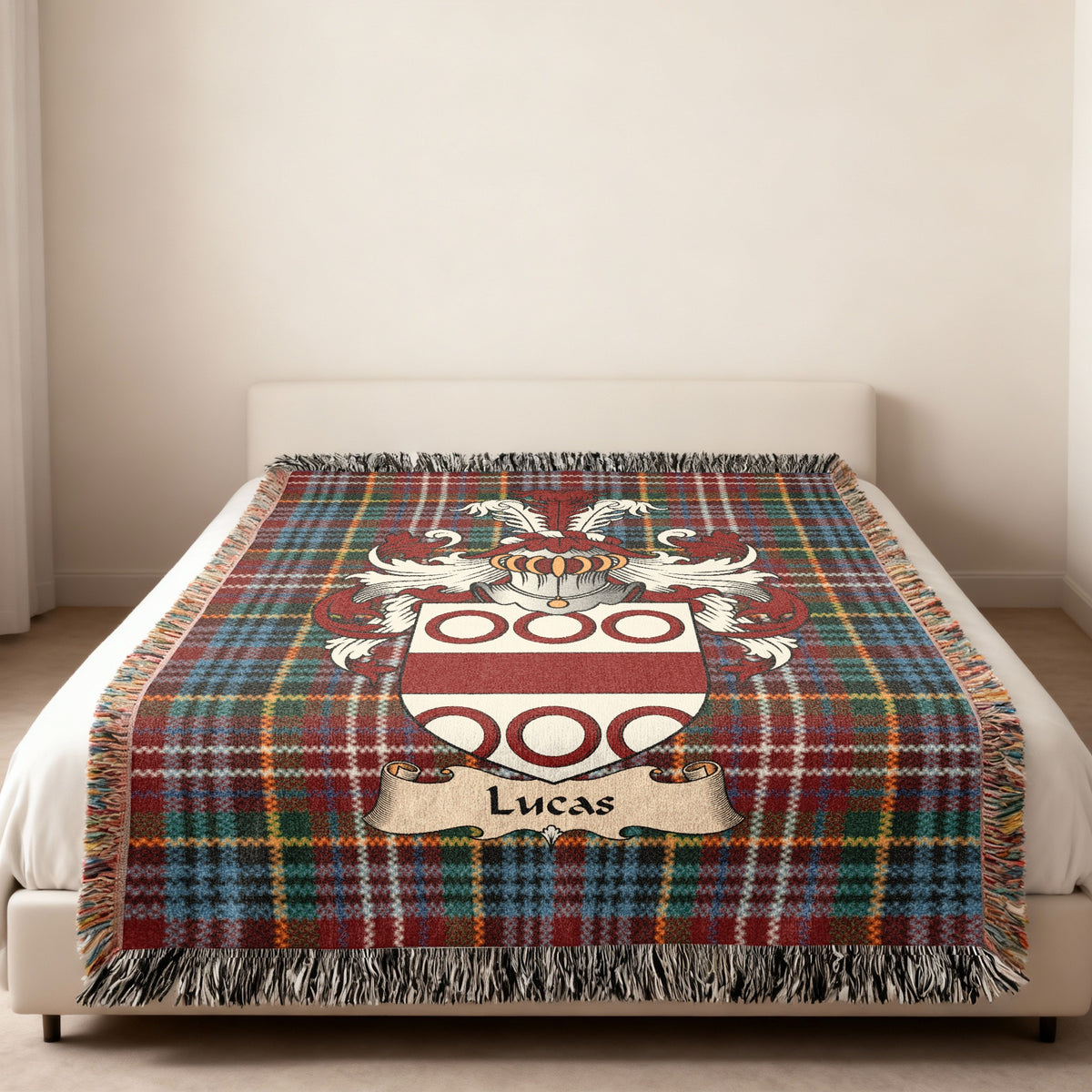 Lucas Scottish family shield woven blanket on a Caledonia tartan background
