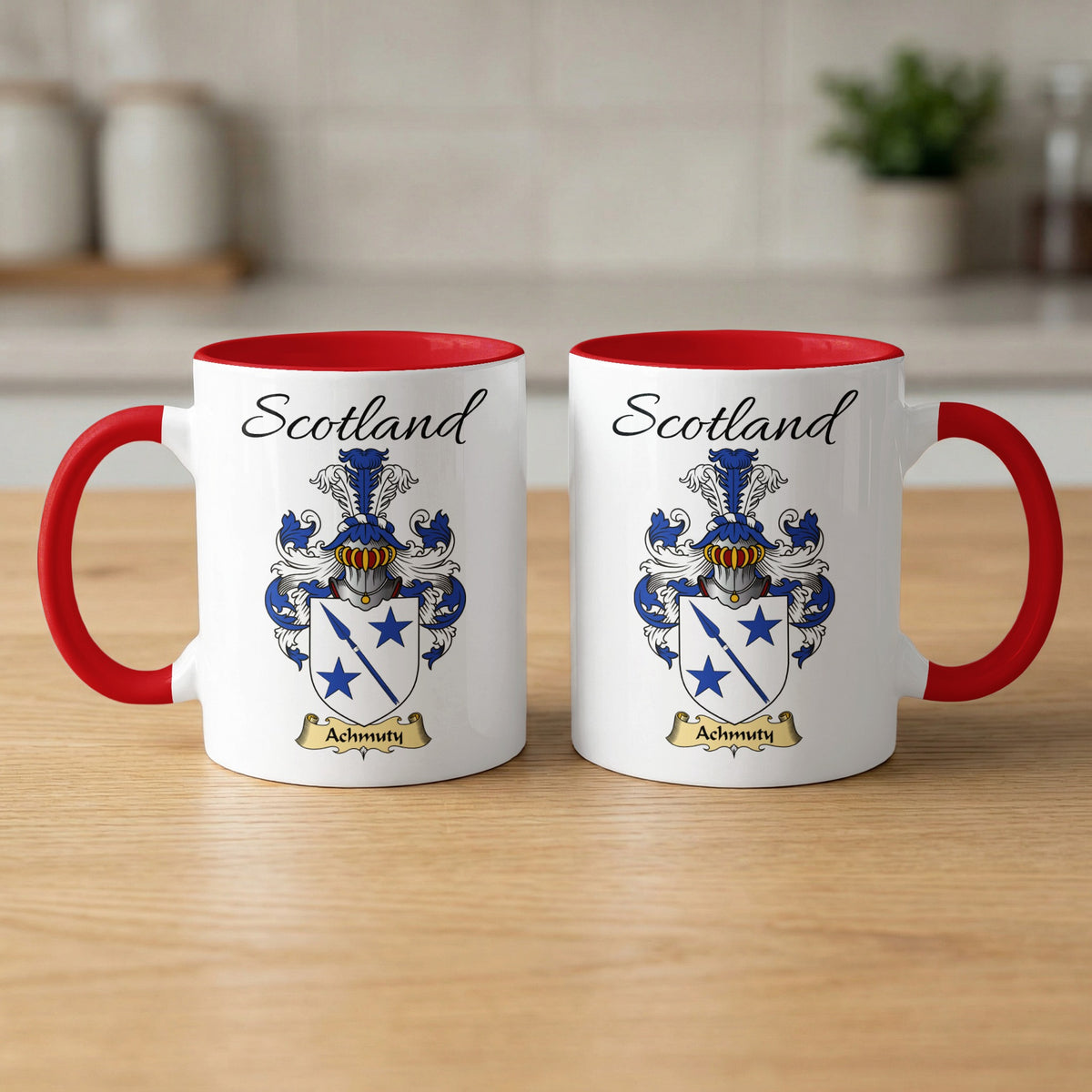 Achmuty 11 oz Scottish family crest ceramic mug with a Scotland-topped heraldic emblem
