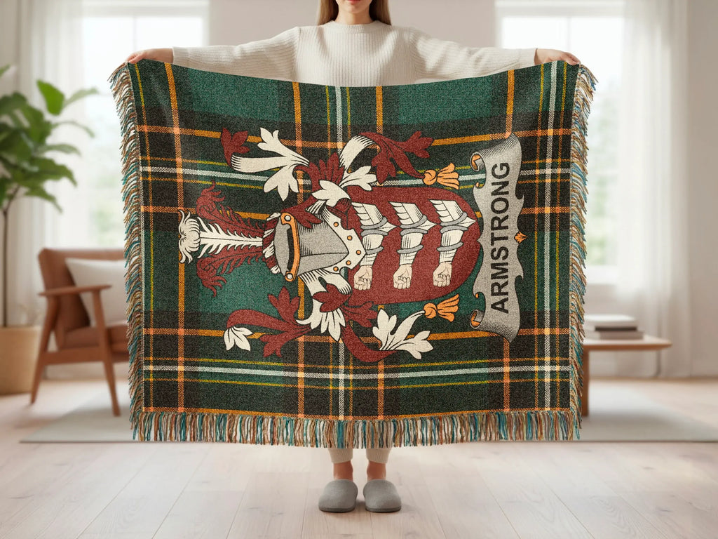 Armstrong clan crest woven blanket size comparison — 52x37, 60x50, and 80x60 options