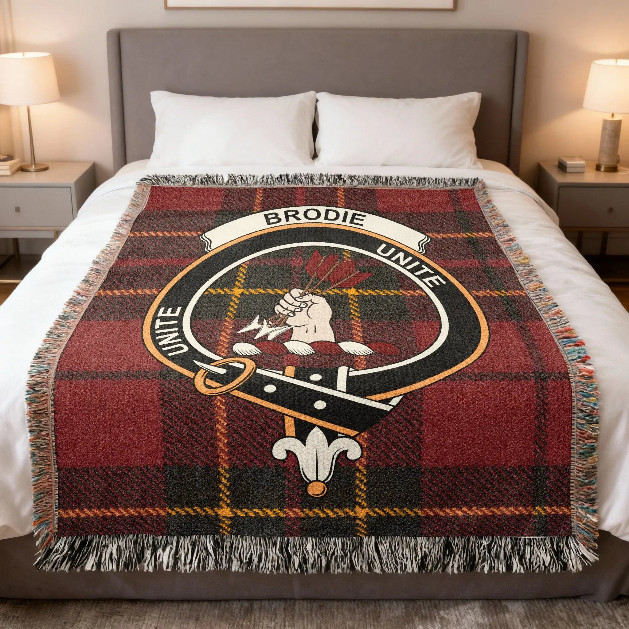 Clan Brodie unite tartan crest woven blanket — 100% cotton, sofa display
