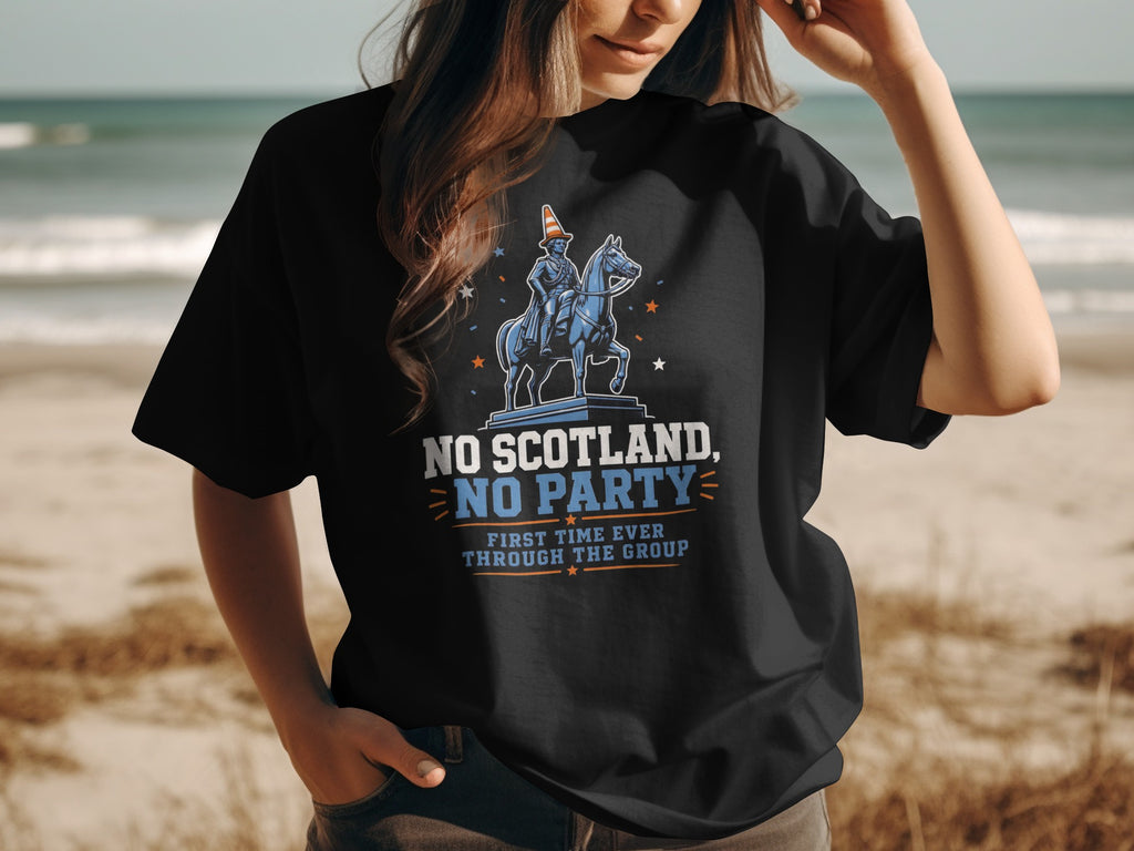 Black t-shirt with "NO SCOTLAND, NO PARTY" text and a statue of a rider on a horse.