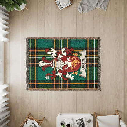 Tartan throw blanket with a coat of arms and the name "Grace."