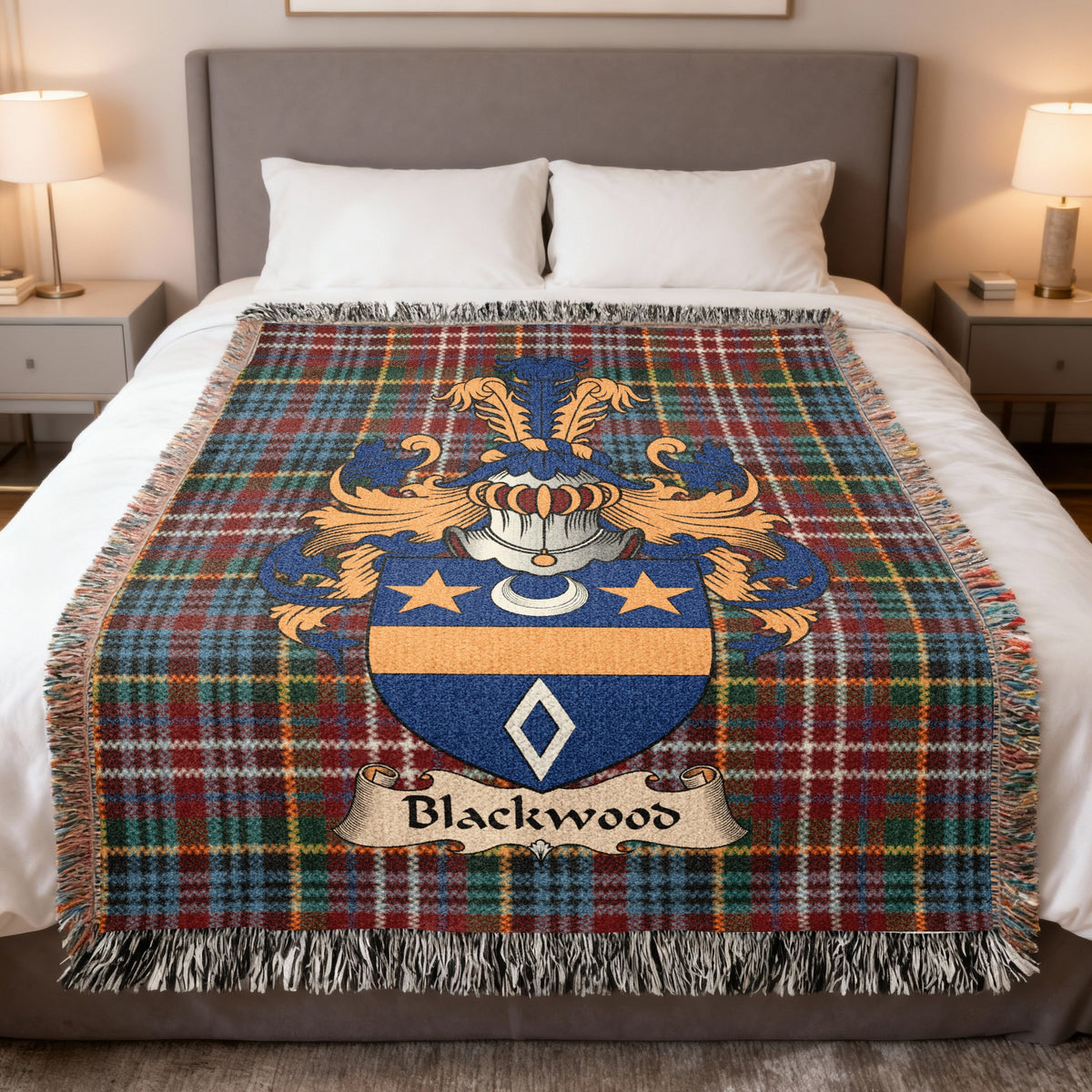 Blackwood Scottish woven blanket with family shield and Caledonia tartan background