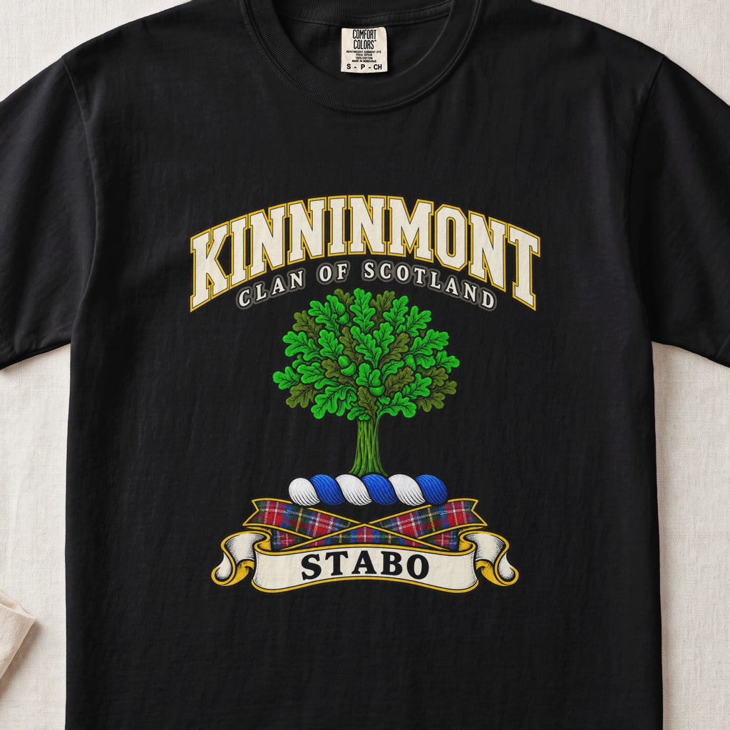 Kinninmont Scottish clan T-shirt in Black, front view with a green tree and motto banner.