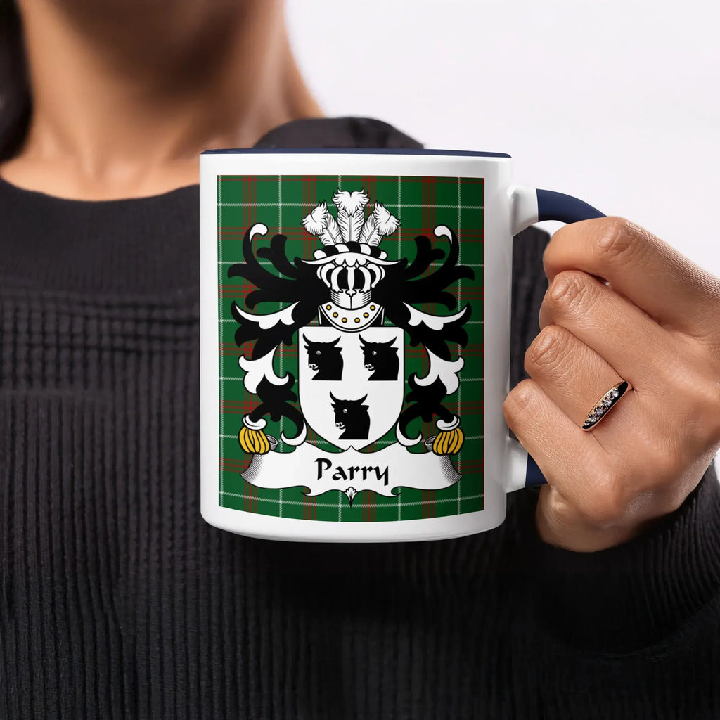 Parry Welsh ancestry gift mug with navy accent and family crest on green National Tartan