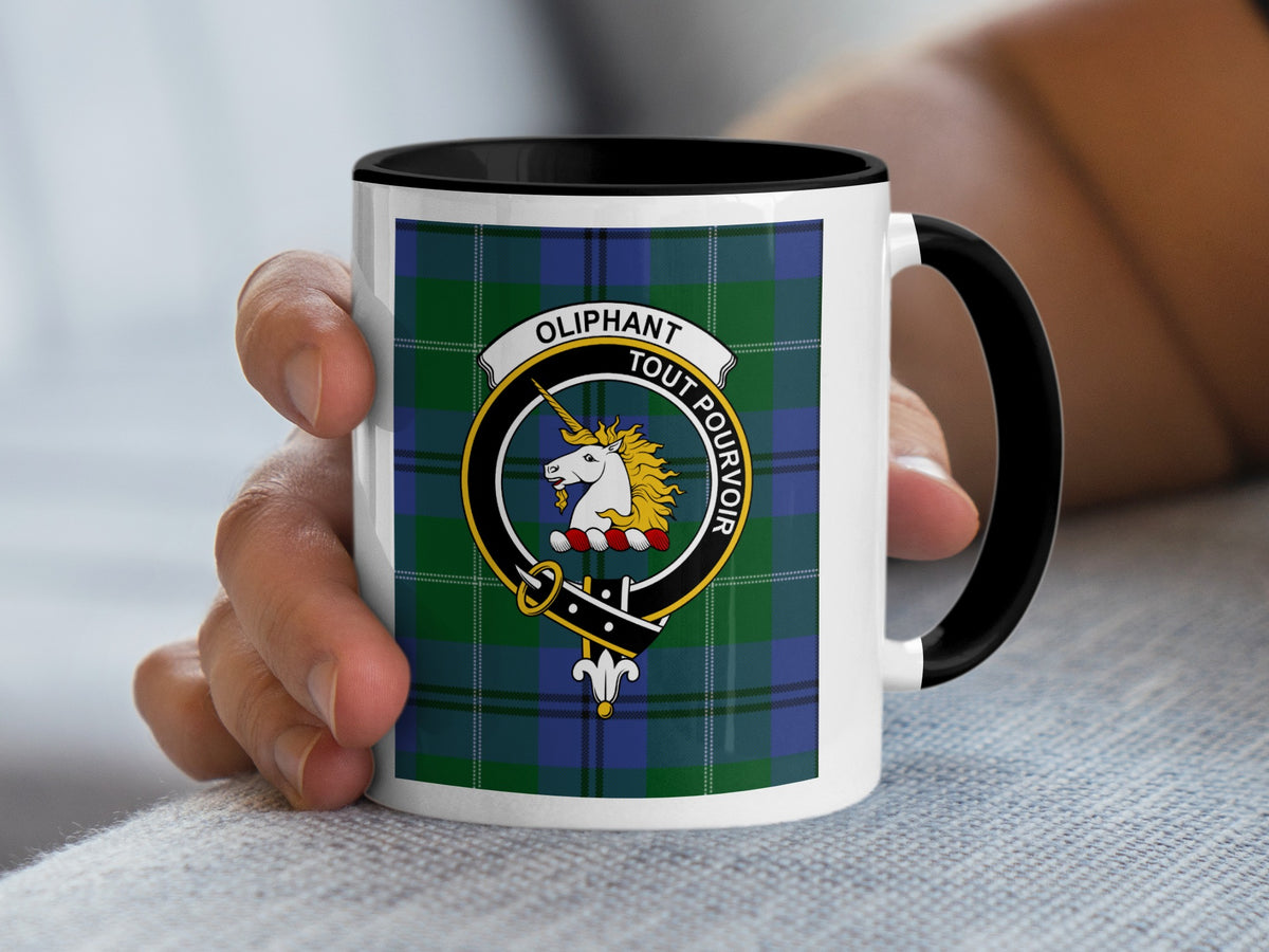 Oliphant Scottish clan crest artwork on an 11 oz black accent mug with a tartan background