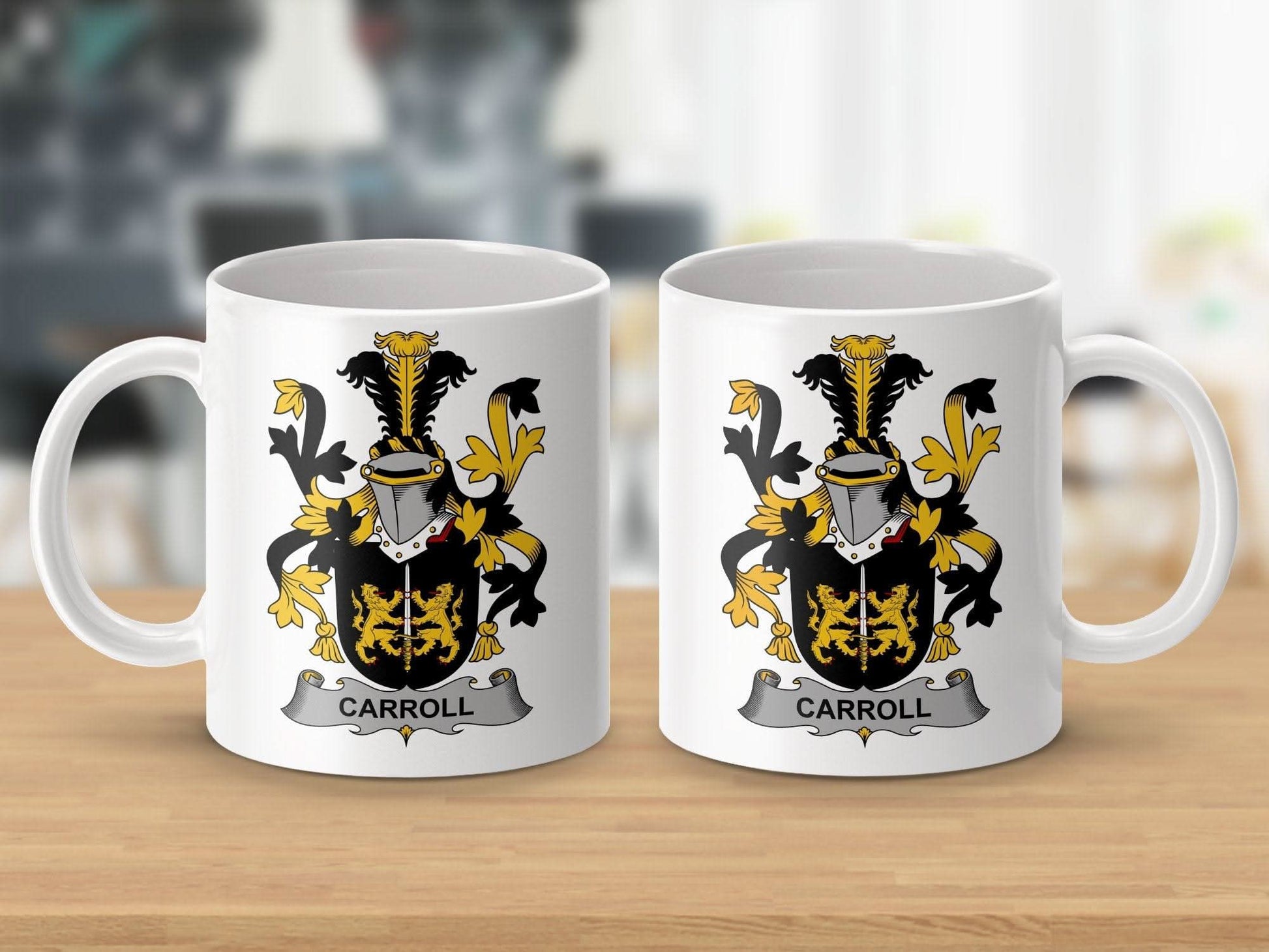 Carroll Surname Irish Family Crest Coat Arms Heraldry Mug - Celtic Ancestry Gifts