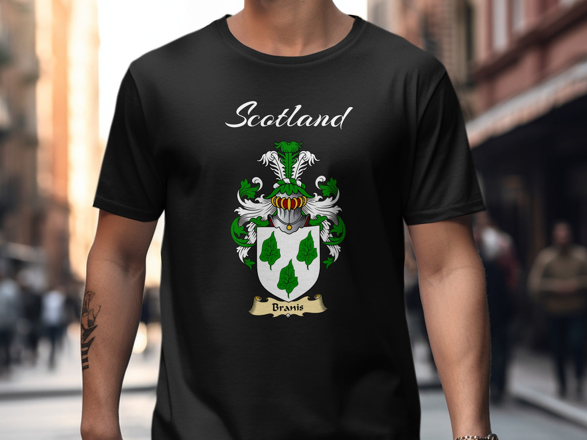 Branis Scottish family shield design on Black T-shirt