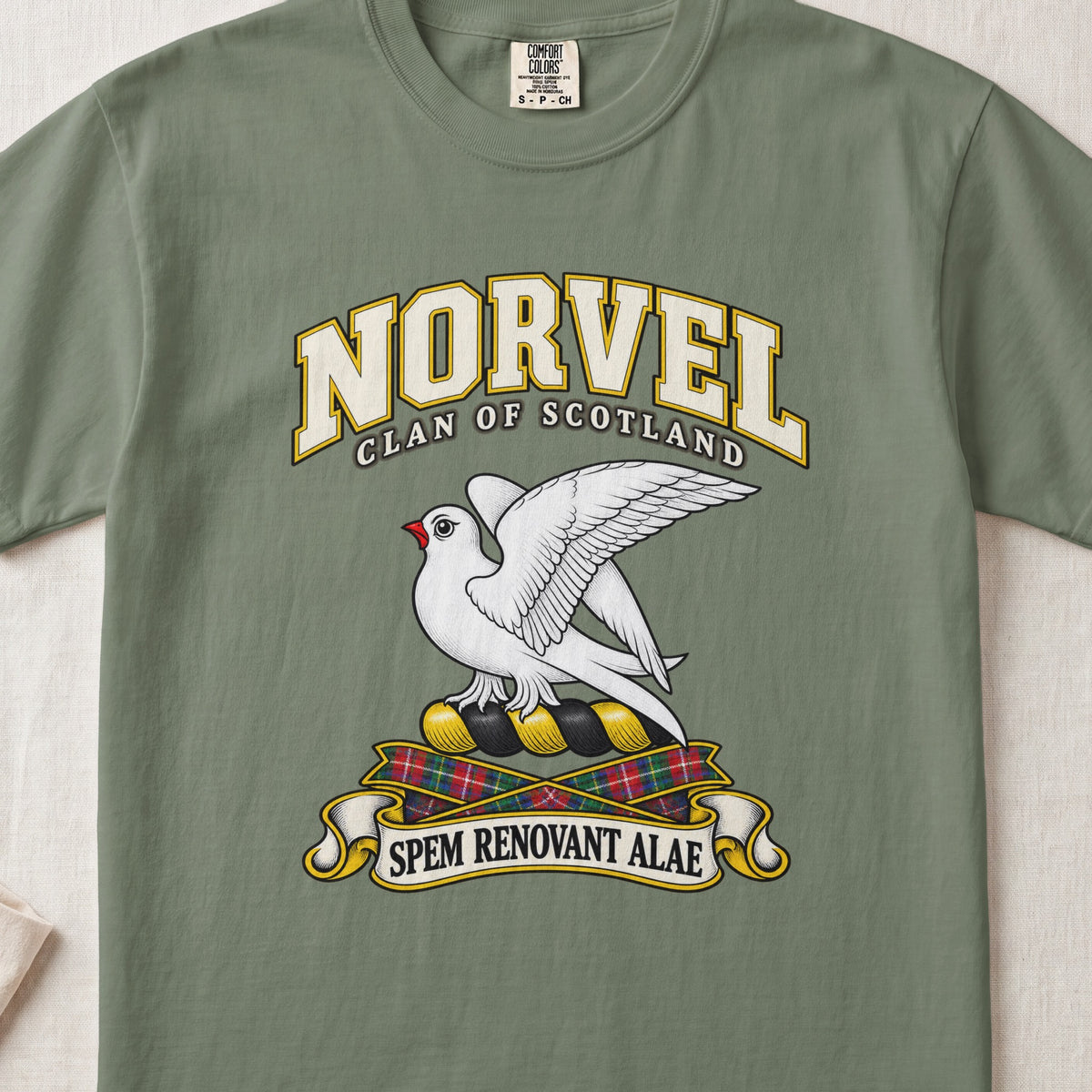 Norvel Scottish clan T-shirt in Moss, front view with a white bird with raised wings and motto banner.