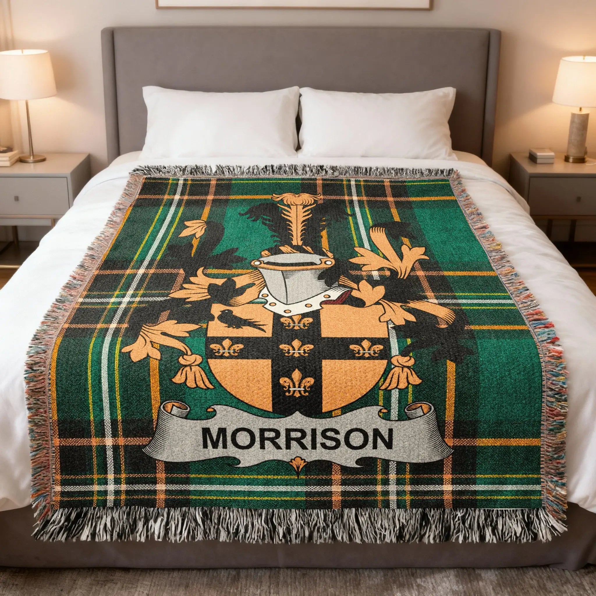 Green plaid throw blanket with Morrison family crest.
