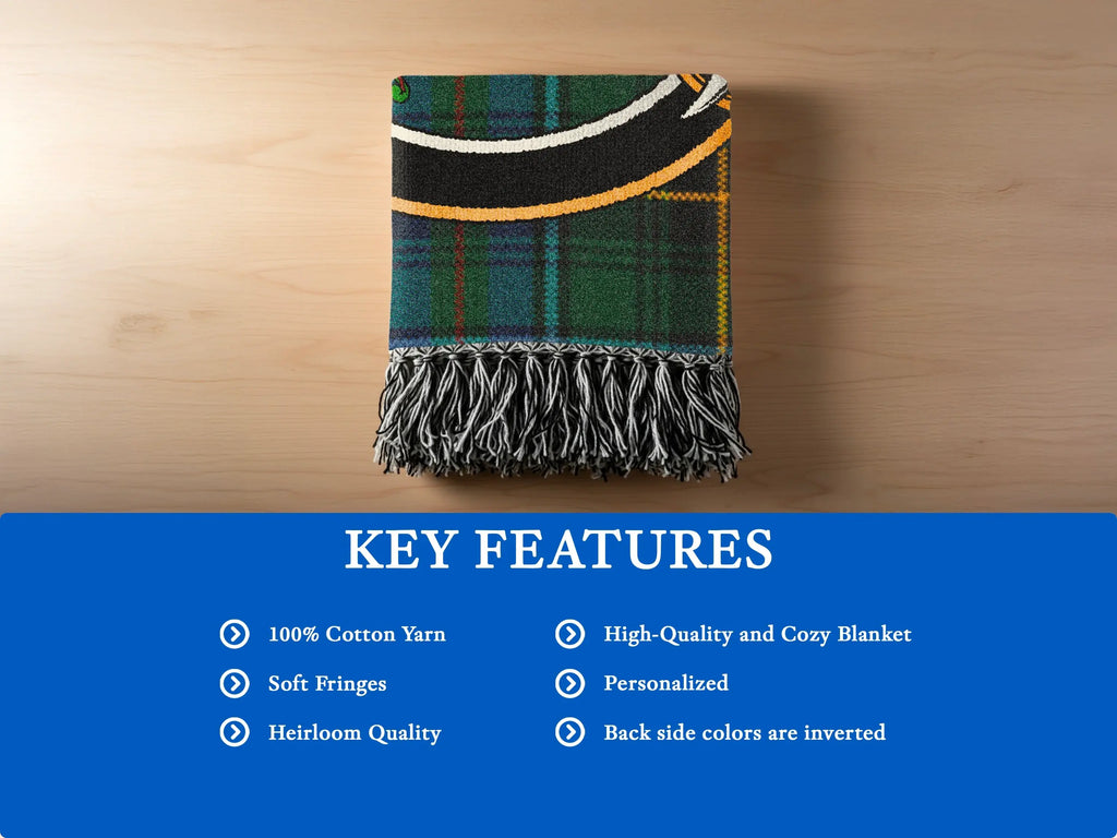 MacInnes tartan woven blanket in bedroom — 80x60 inch large heirloom size crest detail