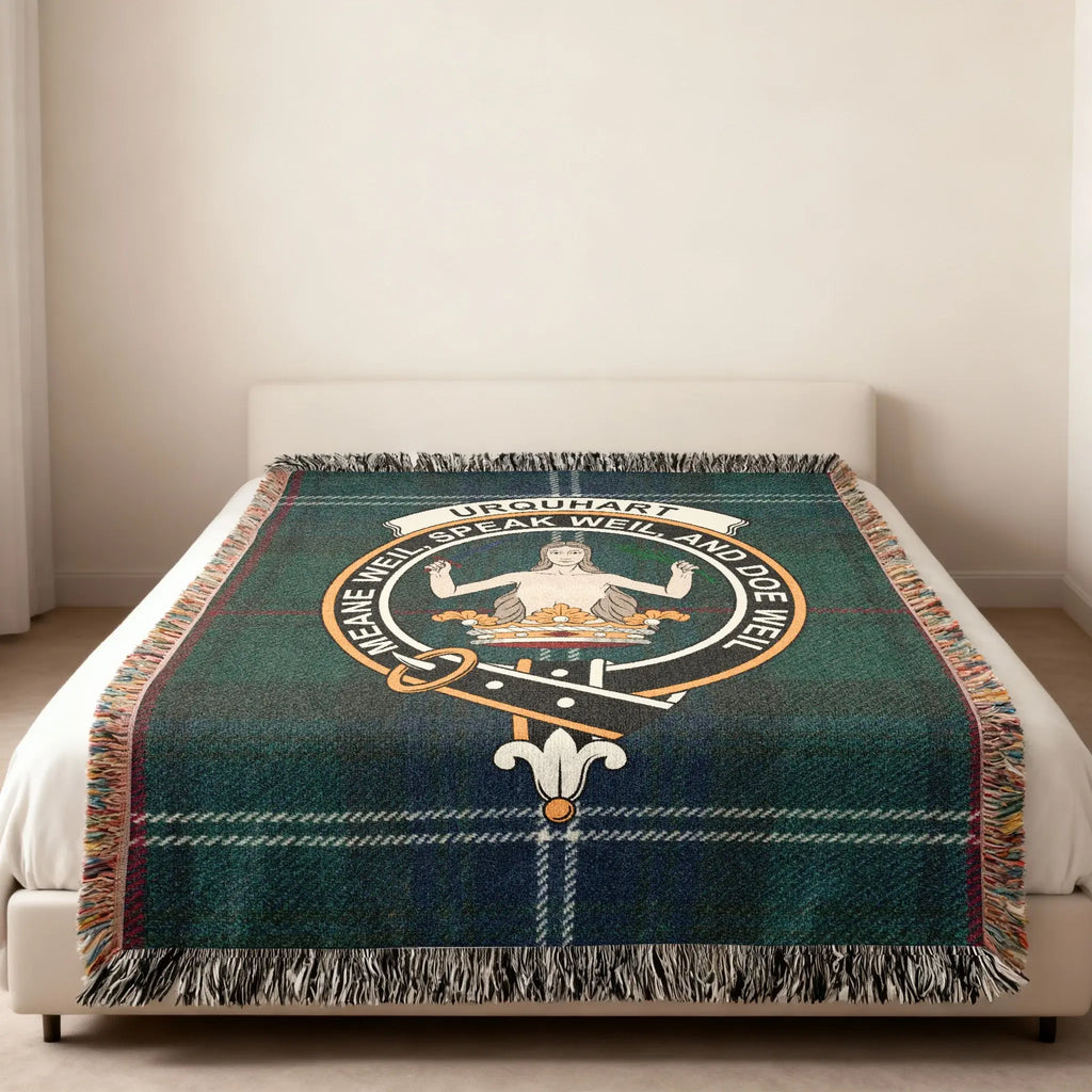 Urquhart coat of arms decorative woven blanket — tartan and crest throughout