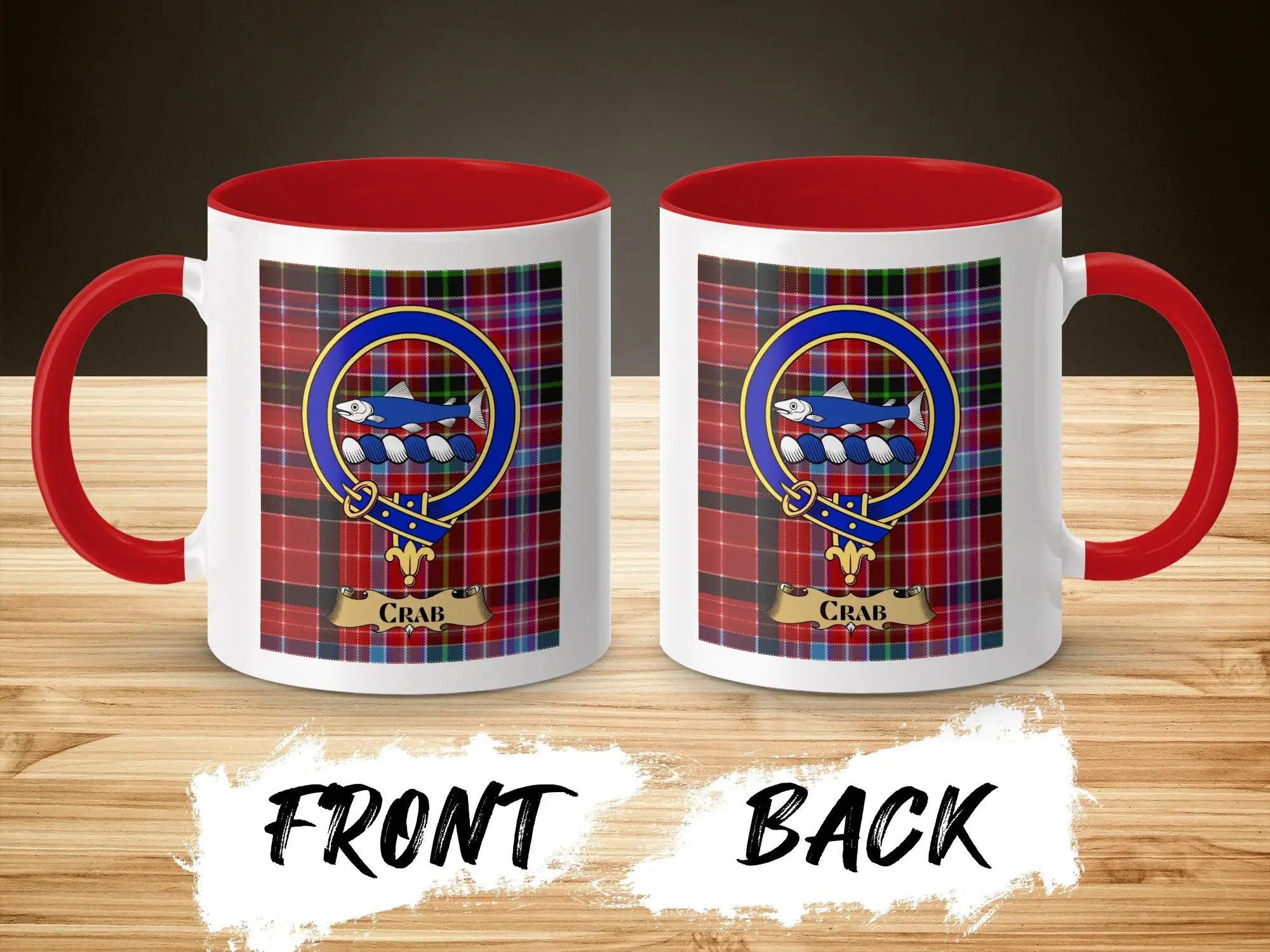 Crab tartan-background crest mug shown as a Scottish heritage gift