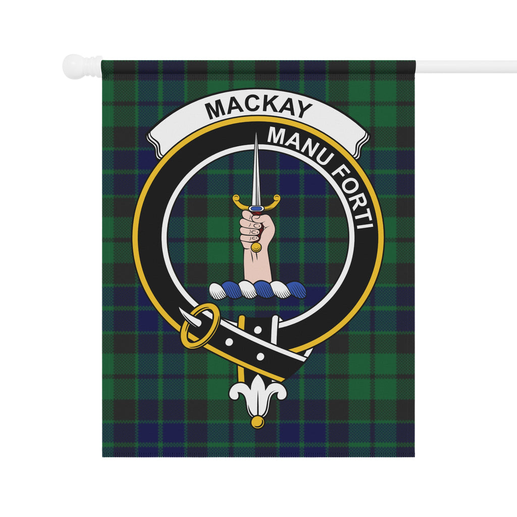 MacKay green and blue tartan garden flag with crest and motto — full view