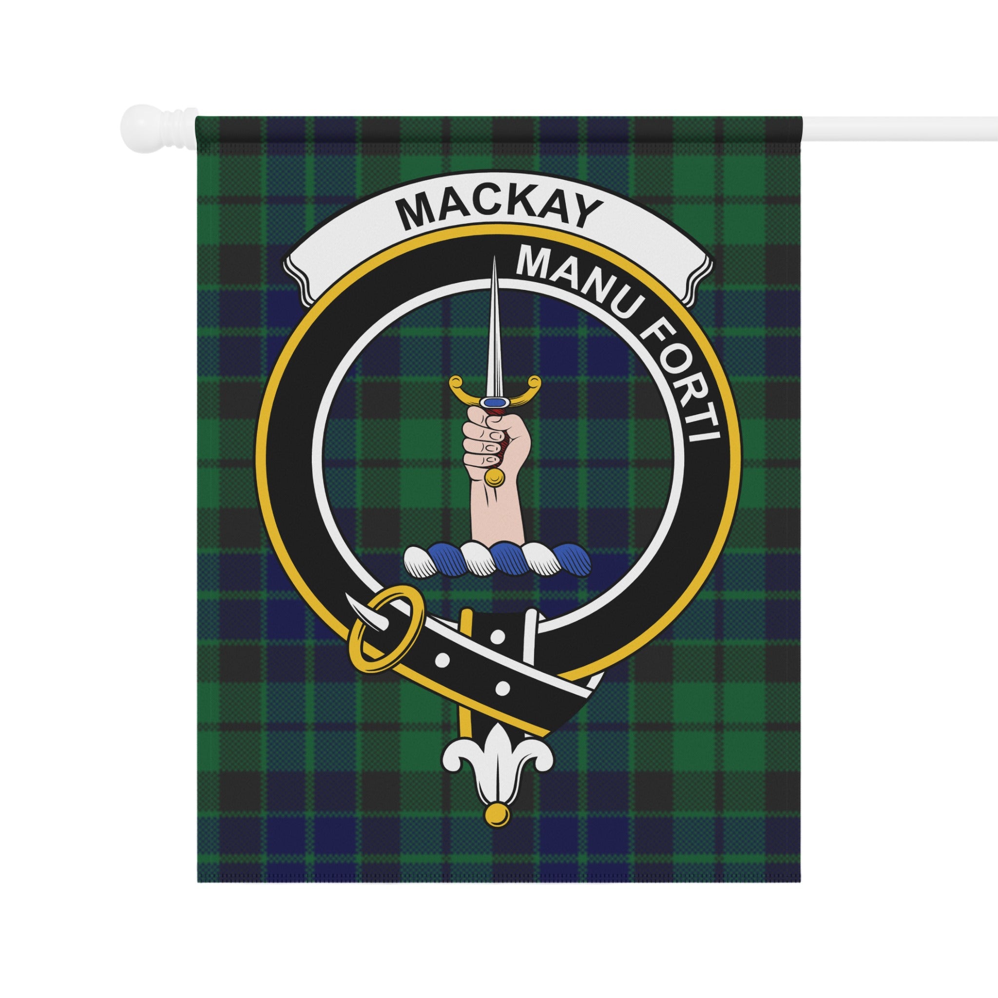 MacKay green and blue tartan garden flag with crest and motto — full view