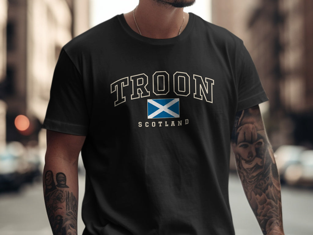 Model wearing the Black Troon Scotland Comfort Colors T-shirt with the Scottish Saltire