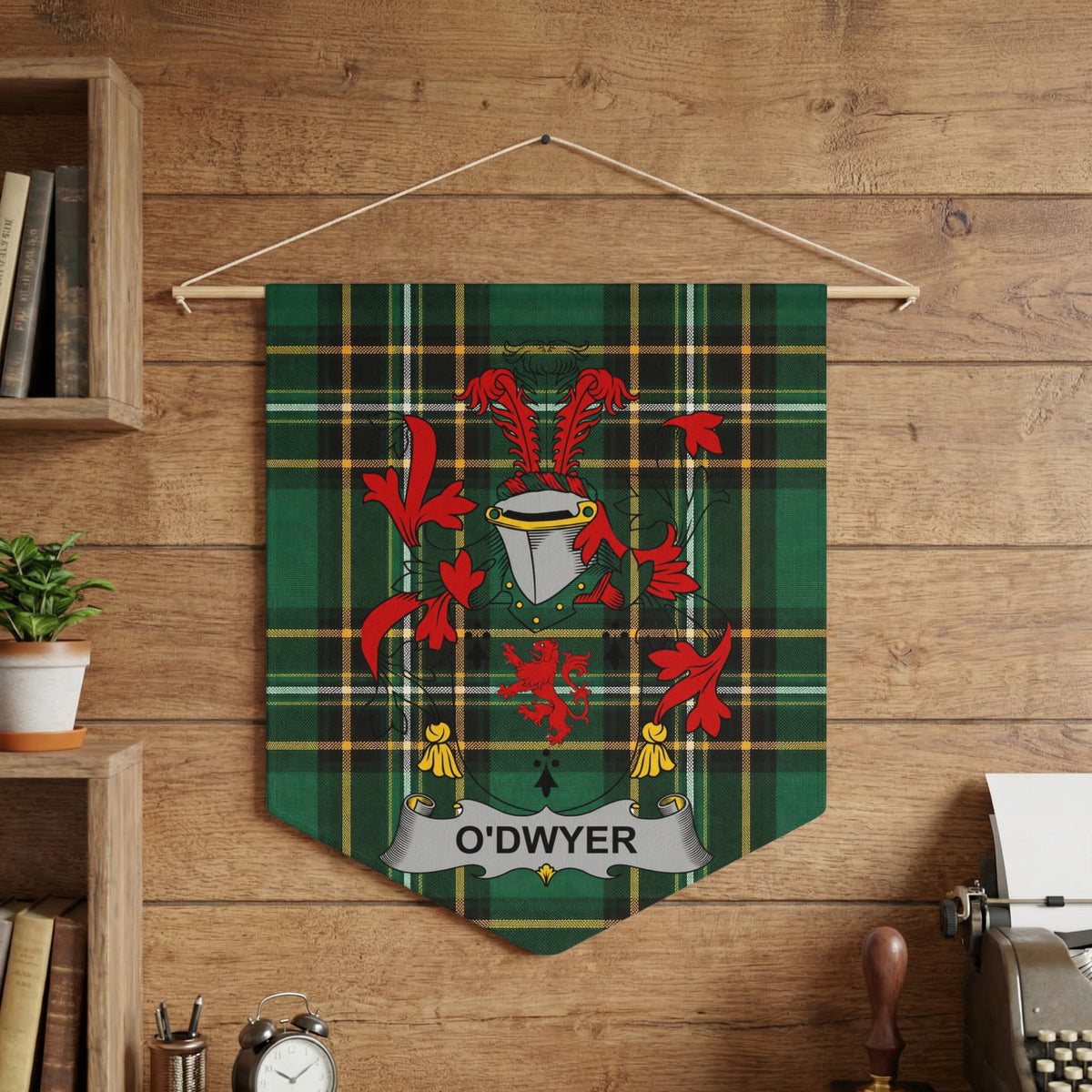 O'DWYER tartan pennant with coat of arms and a lion.