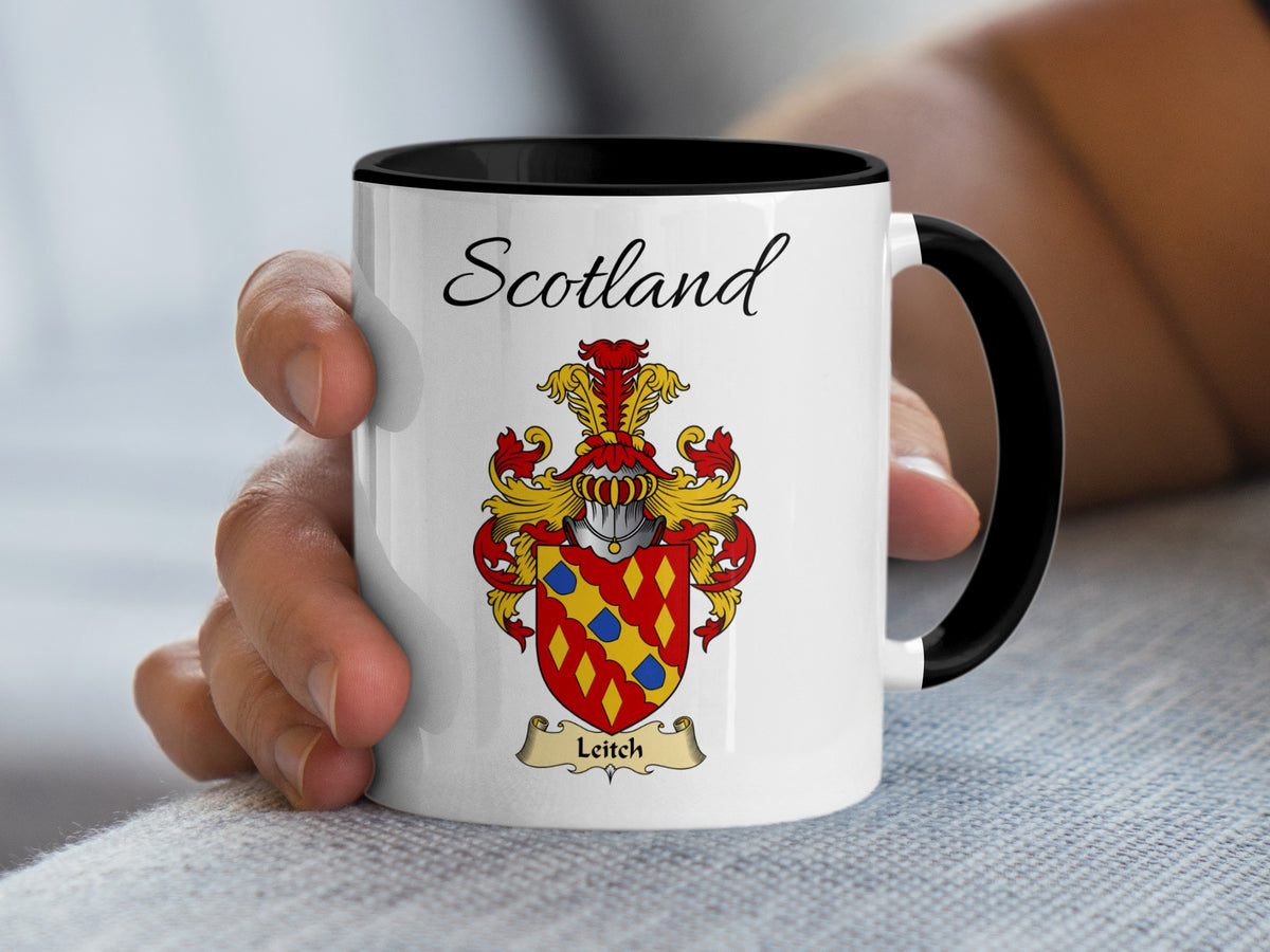 Leitch Scottish family crest accent mug with Scotland above the coat of arms design