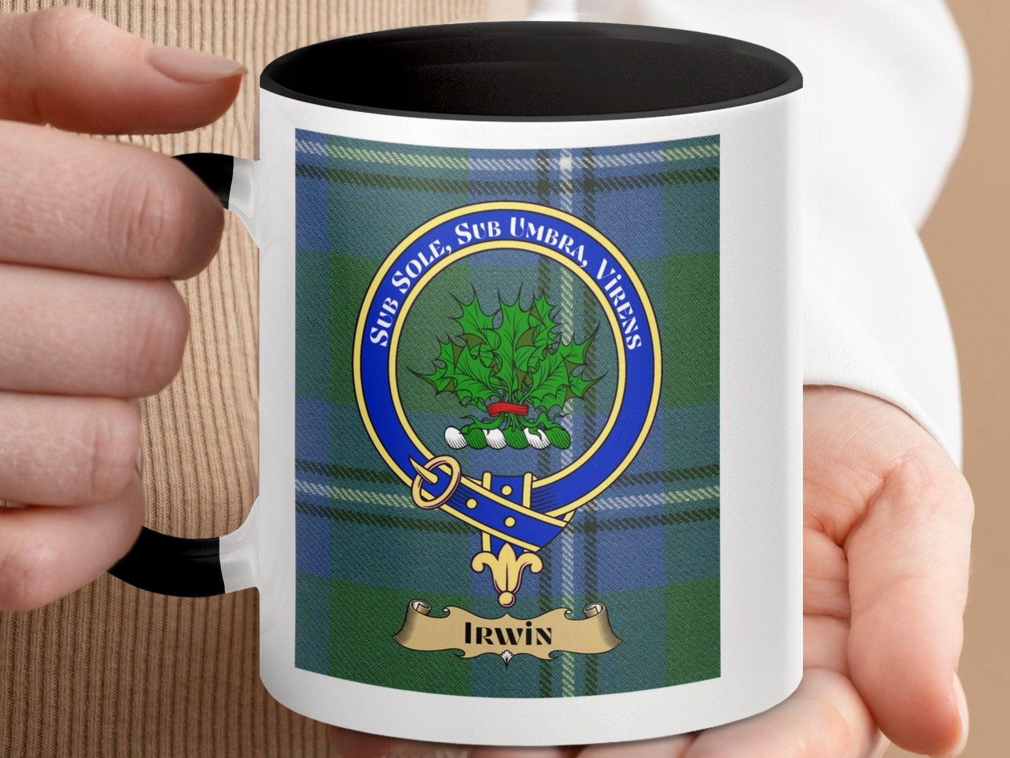 Scottish Clan Irwin Crest Blue Plaid Pattern Mug - Living Stone Gifts