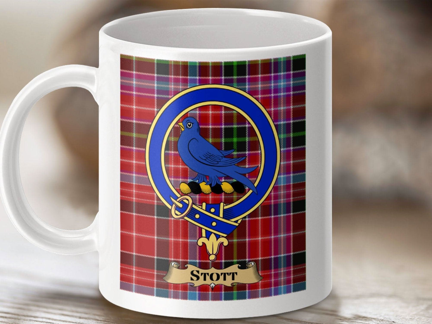 Scottish Clan Stott Bird Crest on Plaid Mug product