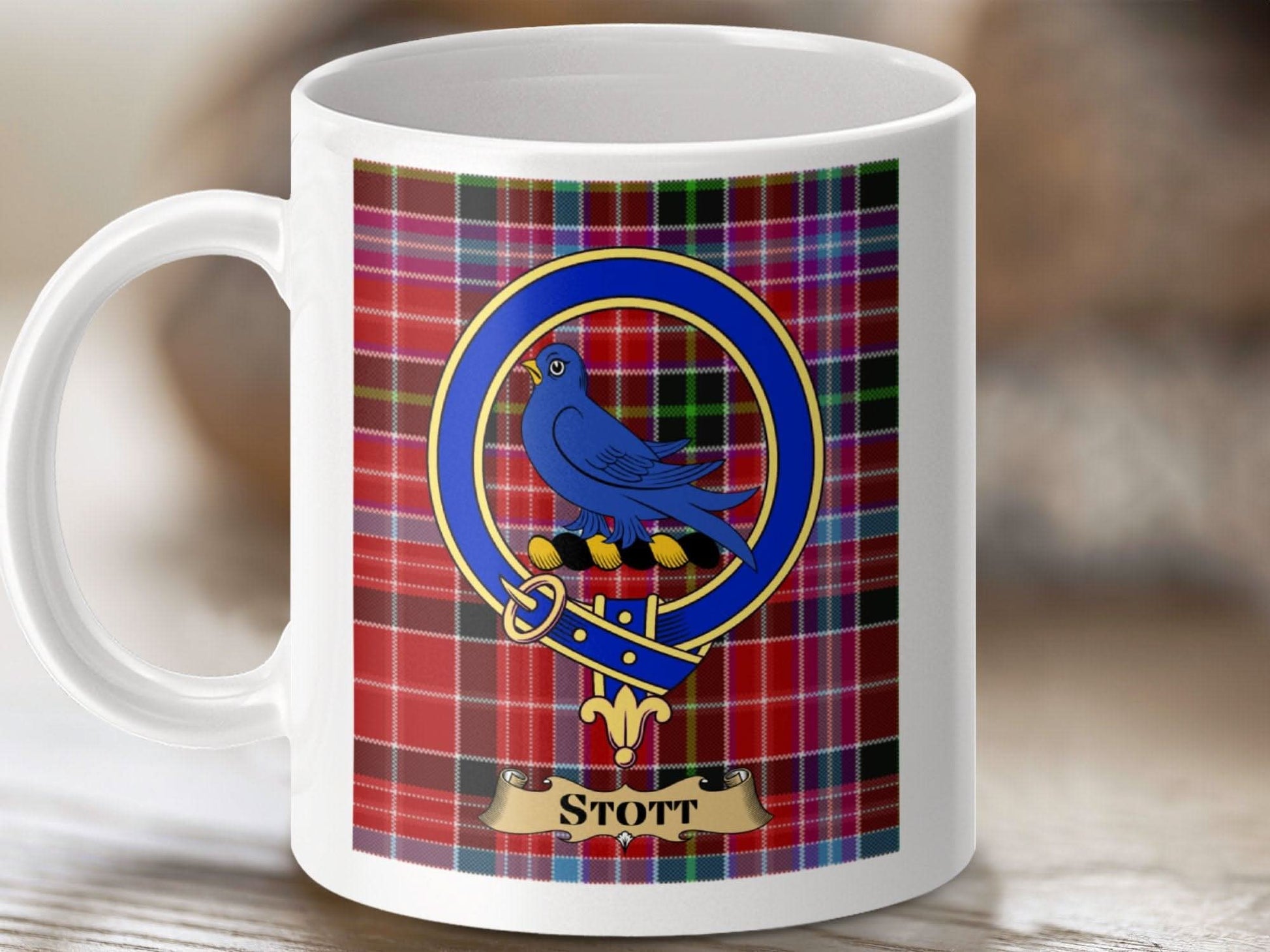 Scottish Clan Stott Bird Crest on Plaid Mug product