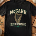 McCann Irish Heritage black Gildan 64000 T-shirt with Celtic harp design