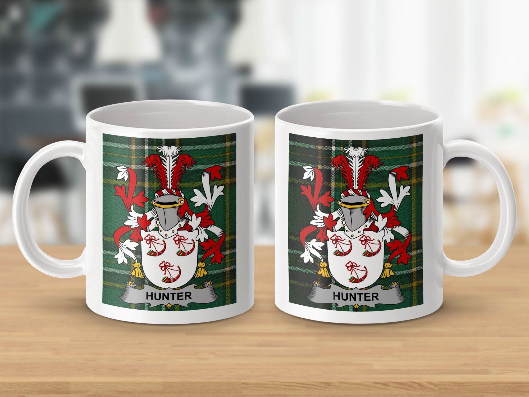 Hunter Surname Family Crest Irish National Tartan Mug - Celtic Ancestry Gifts
