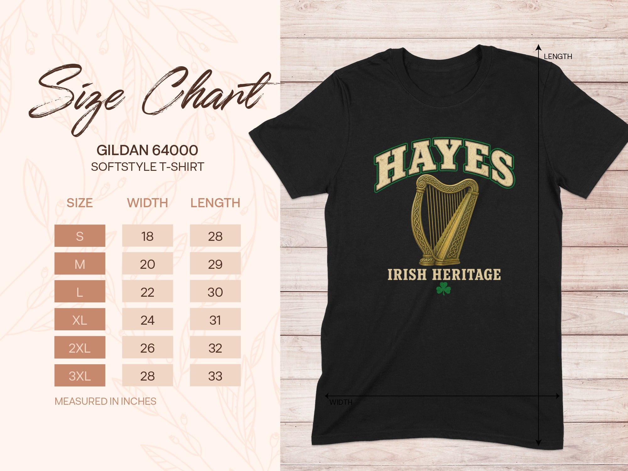 Gildan Softstyle 64000 size chart for the Hayes Irish harp T-shirt, showing width and length measurements in inches.