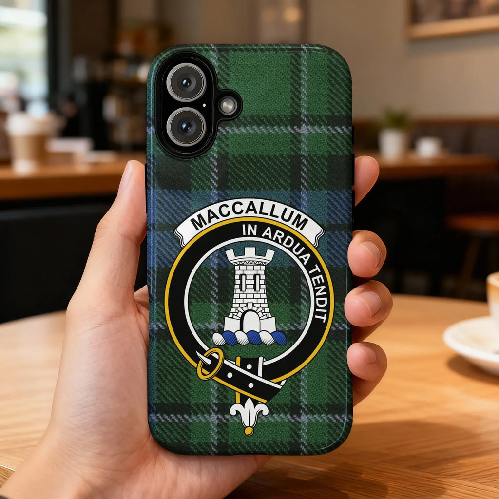 MacCallum tartan crest case showing blue and green plaid wrap — slim iPhone design