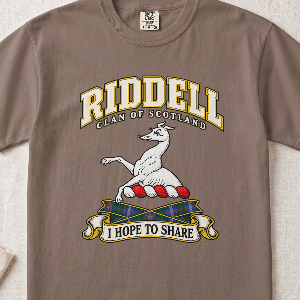 Riddell Scottish clan T-shirt in Espresso, front view with a white greyhound with raised forelegs and motto banner.