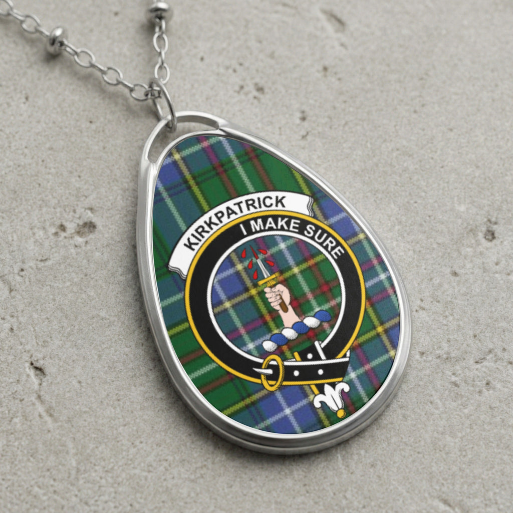 Kirkpatrick clan Scottish tartan necklace with clan crest and I Make Sure motto on tartan background
