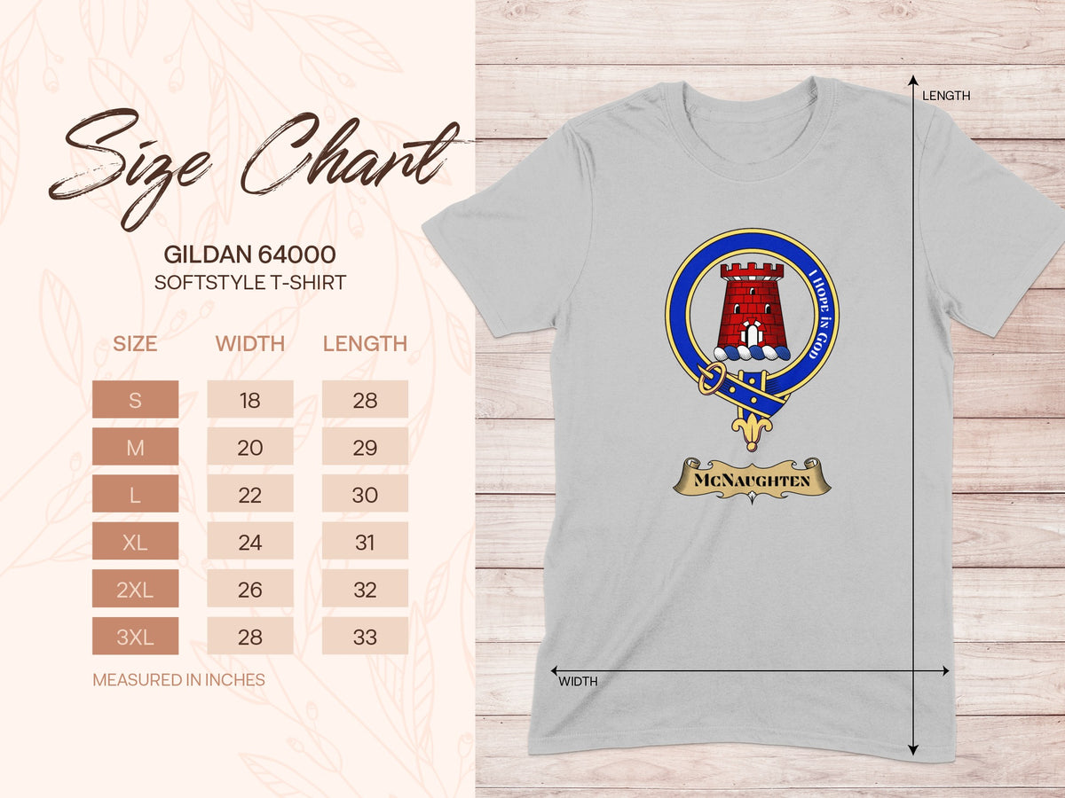 Gildan 64000 size chart for McNaughten Scottish clan crest T-shirt