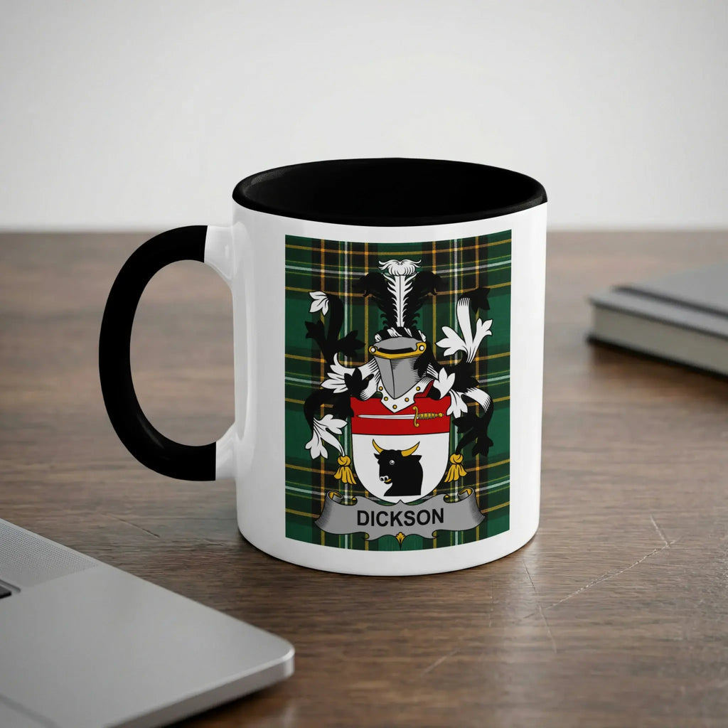 White mug with black handle featuring the Dickson coat of arms.