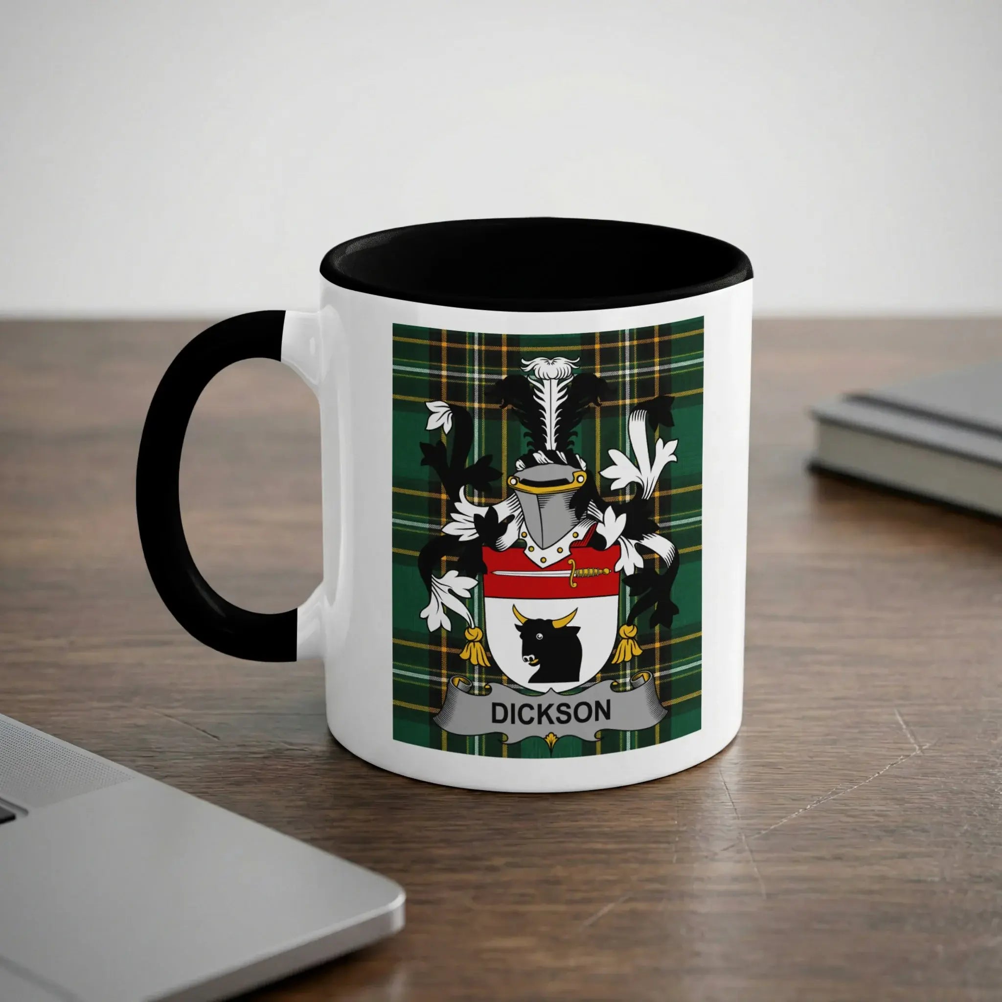 White mug with black handle featuring the Dickson coat of arms.