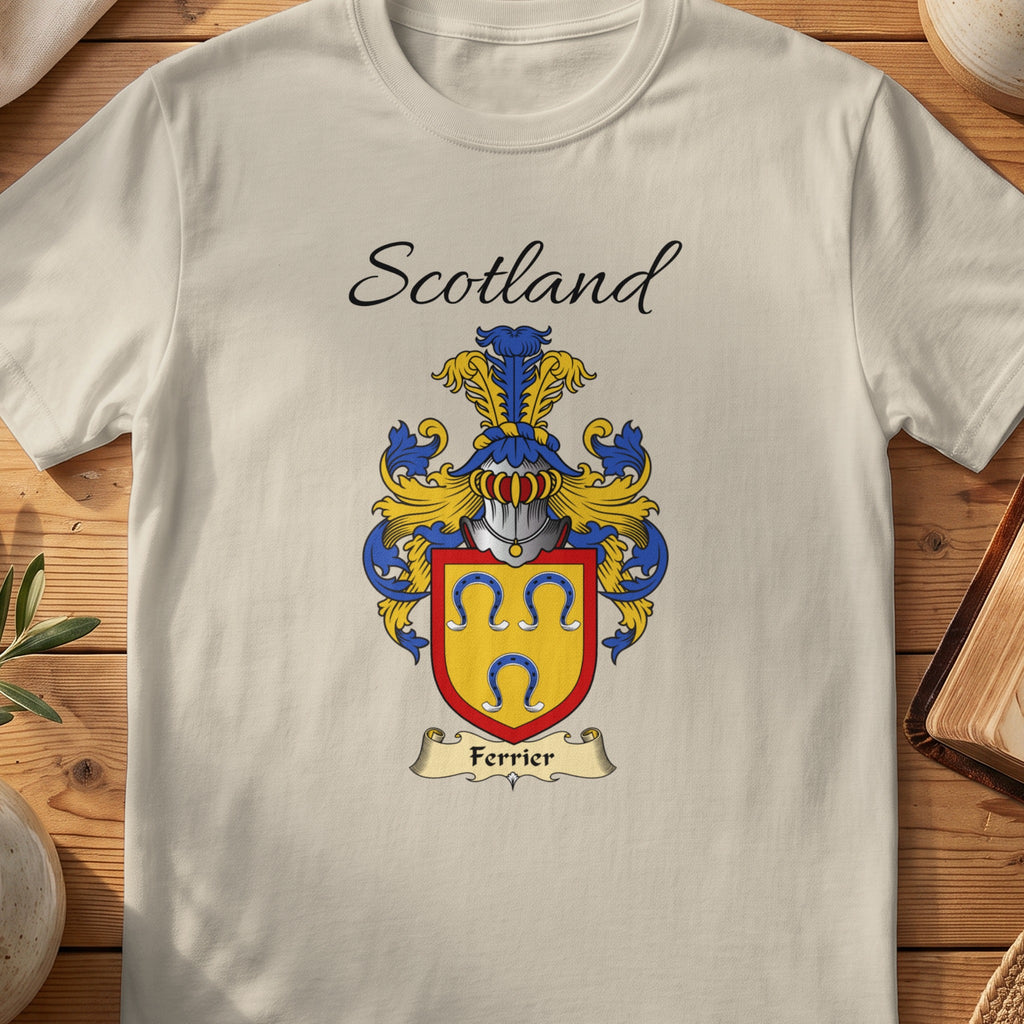 Sand Ferrier Scottish family shield T-shirt featuring three blue horseshoes on gold