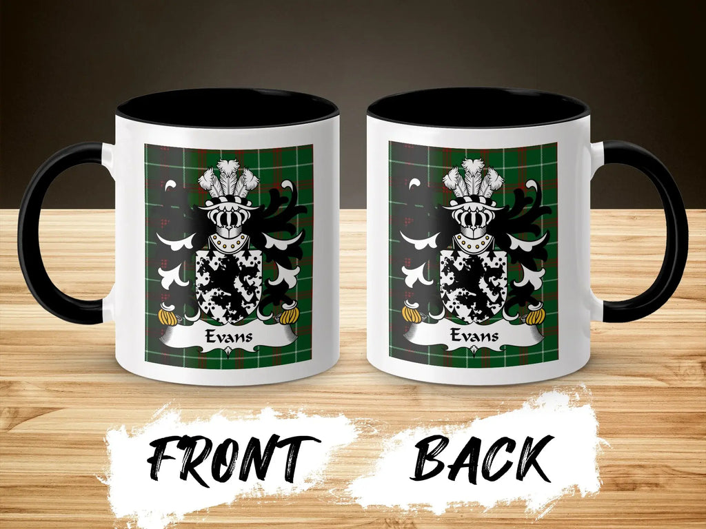 Evans Welsh surname coffee mug showing front and back with heraldic coat of arms