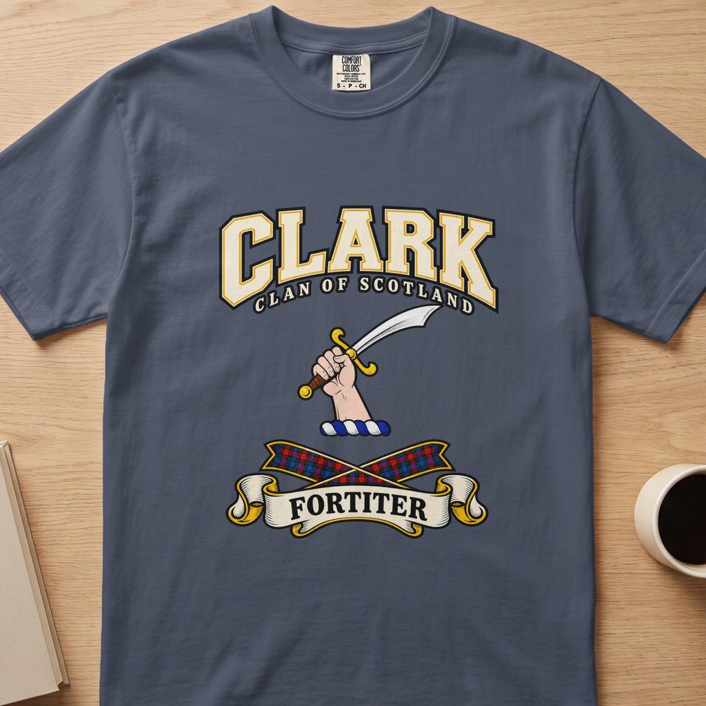 Clark clan T-shirt in slate blue, front view with hand holding a curved sword