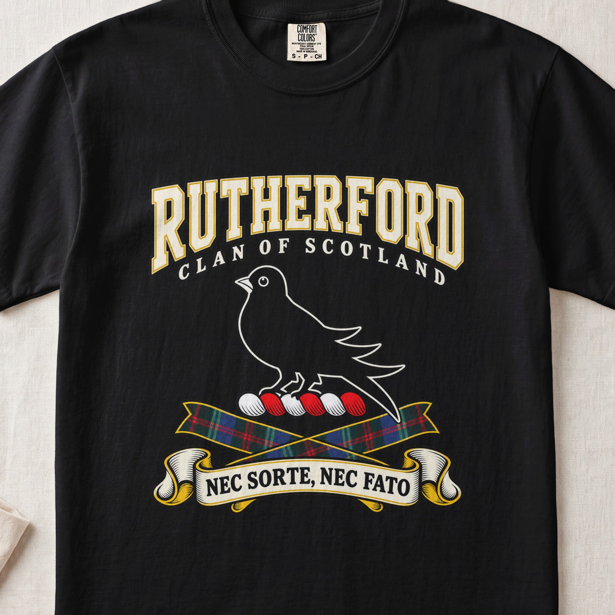 Rutherford Scottish clan graphic T-shirt in Black, front view