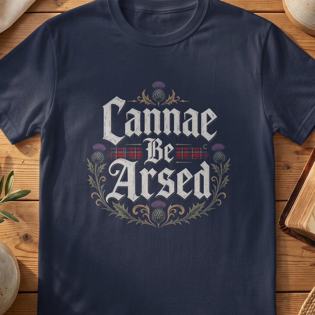 Navy Gildan 64000 unisex T-shirt flatlay with Cannae Be Arsed Scottish graphic design