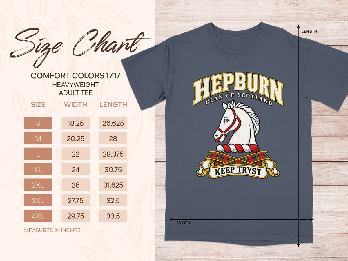 Comfort Colors 1717 size chart for the Hepburn Scottish clan T-shirt, adult sizes S–4XL.