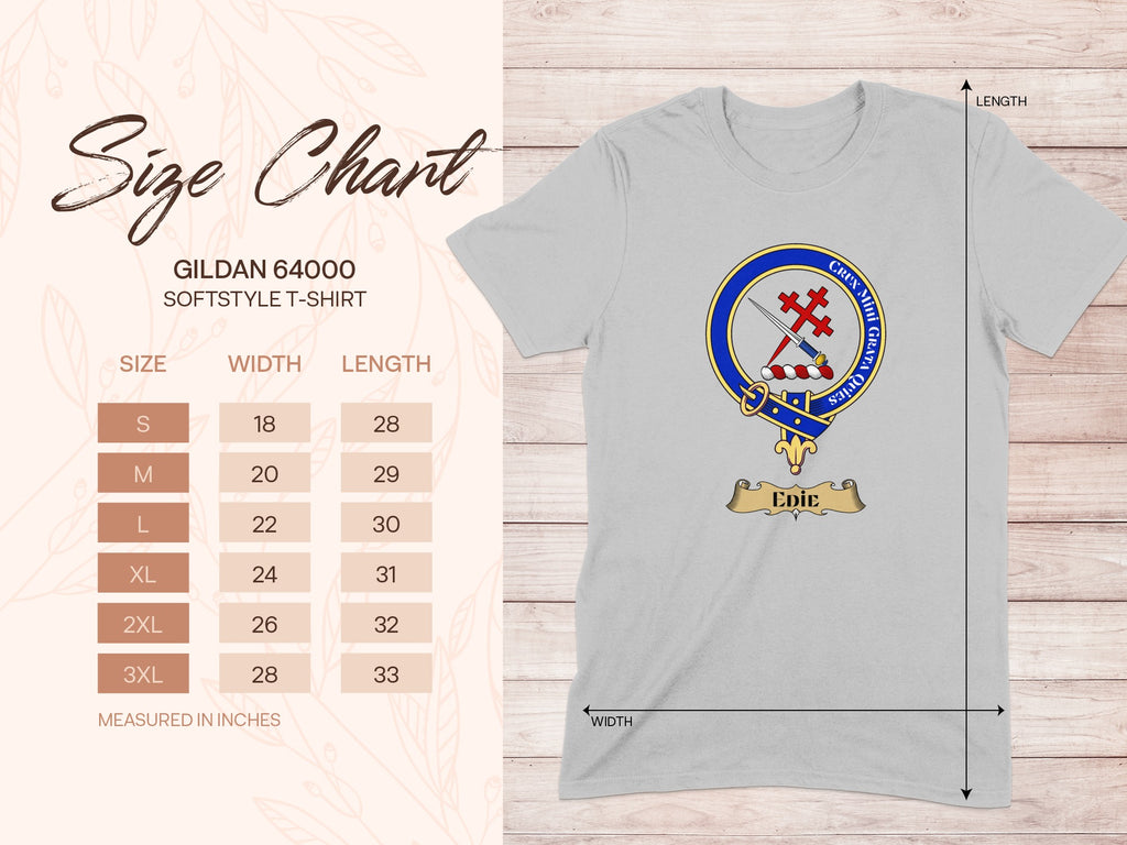 Gildan 64000 size chart for Edie Scottish clan crest T-shirt