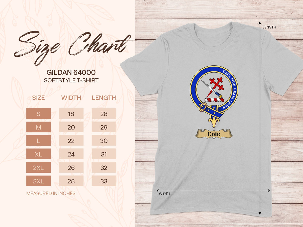 Gildan 64000 size chart for Edie Scottish clan crest T-shirt
